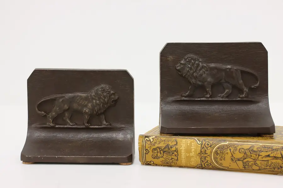 Photo of Pair of Cast Iron Antique Roaring Lion Library Bookends, B&H