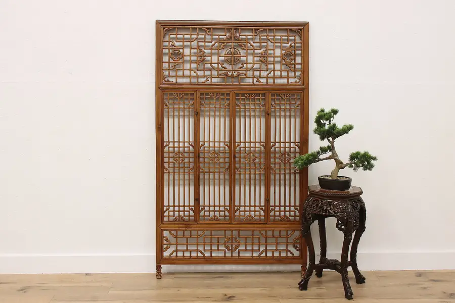 Photo of Asian Vintage Carved Elm Architectural Salvage Screen Window