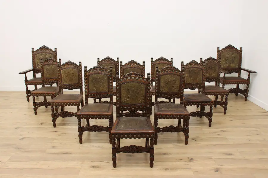 Photo of Set of 12 Renaissance Italian Antique & Tooled Leather Chairs