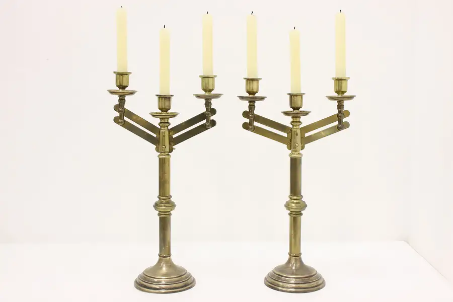 Photo of Pair Traditional Antique Adjustable Brass Altar Candelabra