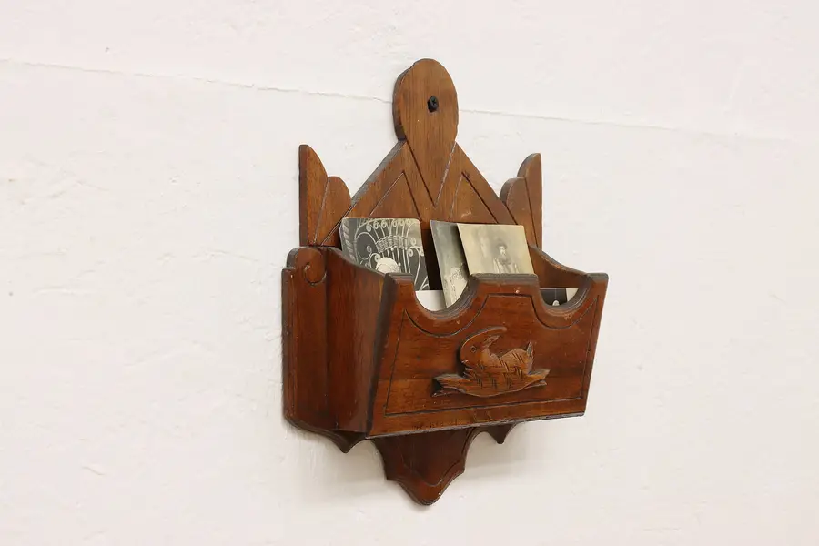 Photo of Victorian Antique Carved Walnut Mail & Key Wall Pocket Bunny