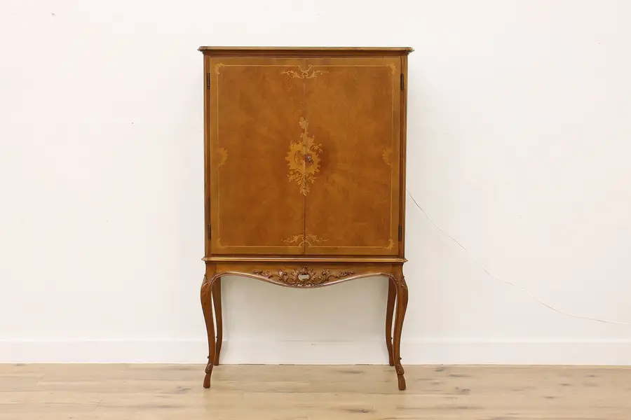 Photo of French Vintage Carved Mahogany Marquetry Lighted Bar Cabinet