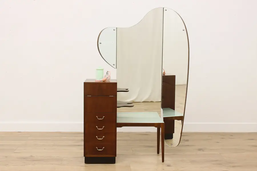 Photo of Italian Art Deco Antique Walnut Vanity Dressing Table Mirror