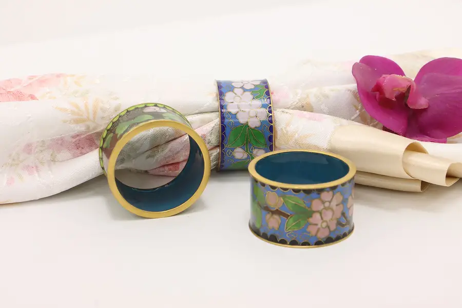 Photo of Set of 3 Vintage Chinese Cloisonne Enamel Napkin Rings