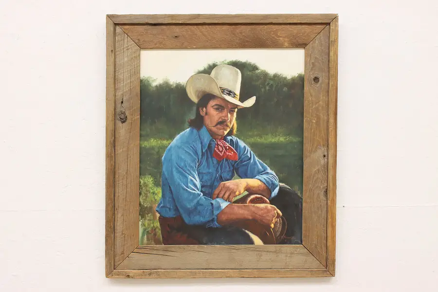 Photo of Cowboy Portrait Vintage Original Oil Painting Freeman 32"