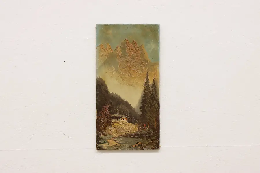 Photo of Valley Cabin Antique Original Oil Painting Ronaldo 24.5"