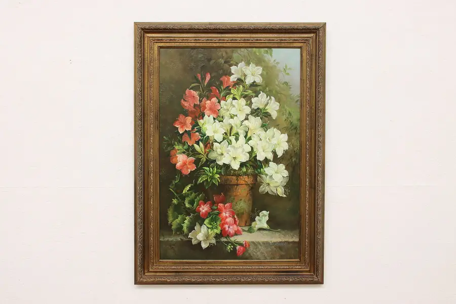 Photo of Blooming Flowers Vintage Original Oil Painting Bader 44"