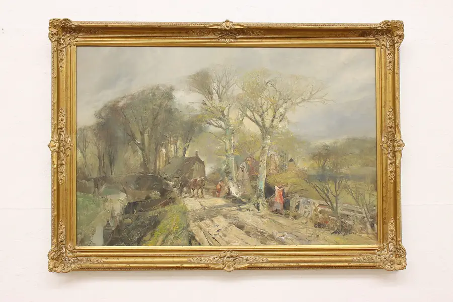 Photo of Springtime Village Vintage Original Oil Painting Vogel 41.5"