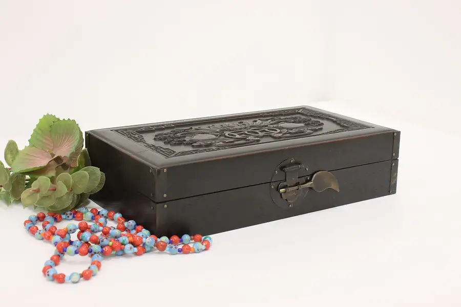 Photo of Chinese Vintage Rosewood Jewelry Keepsake Box, Carved Bat