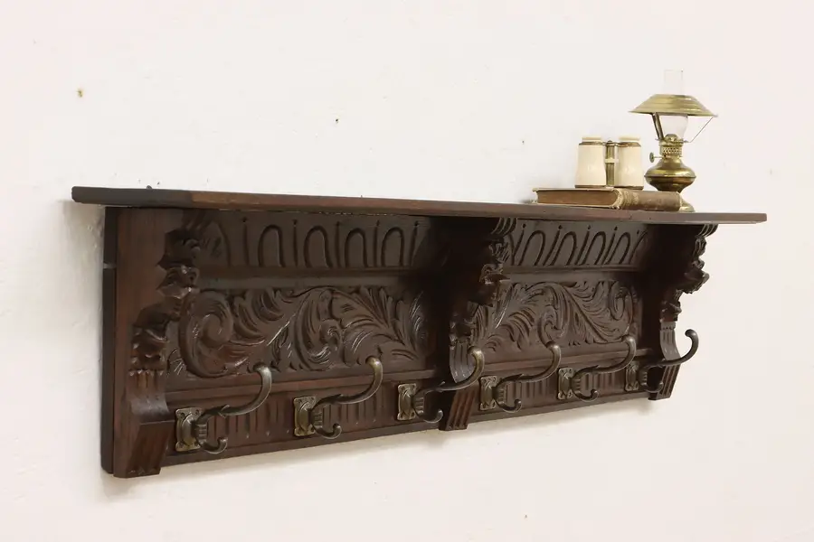 Photo of Dutch Renaissance Antique Carved Oak Wall Coat Rack & Shelf