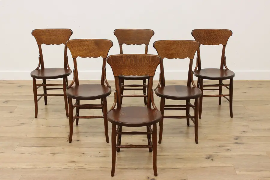 Photo of Set of 6 Antique Victorian Farmhouse Oak Dining Game Chairs