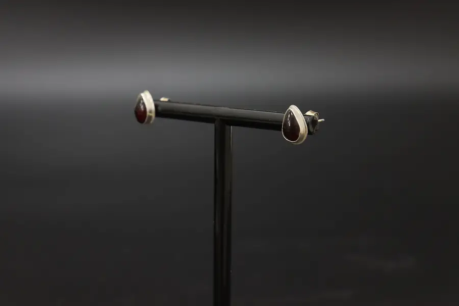 Photo of Stainless Steel & Polished Dark Ruby Stone Stud Earrings