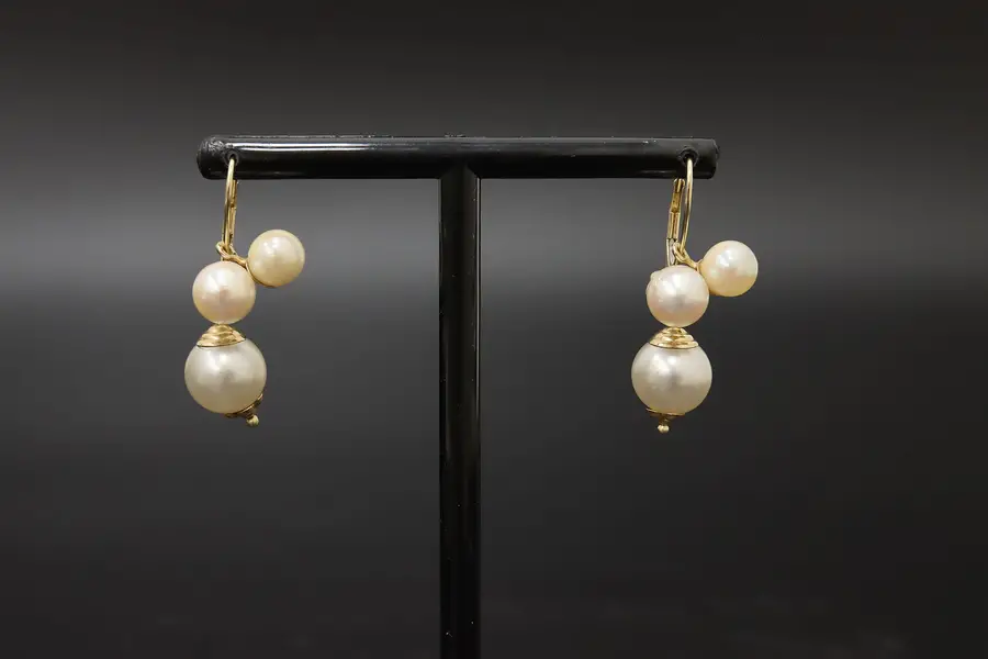 Photo of 14k Gold Triple Pearl Lever Back Drop Earrings