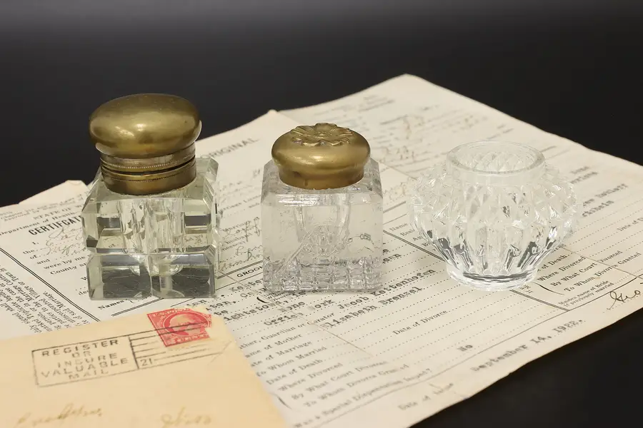 Photo of Set of 3 Victorian Antique Desktop Cut Glass Inkwells