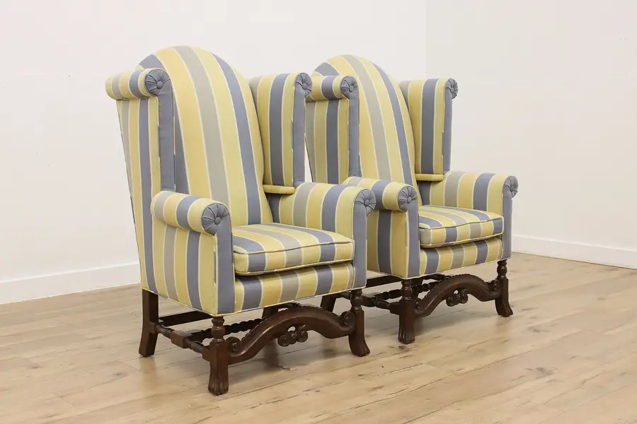 Photo of Pair of Tudor Vintage Upholstered Library Wingback Chairs