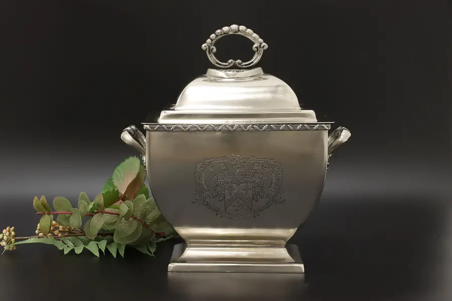 Photo of Victorian Vintage Nickel Tea Caddy, Engraved Crest