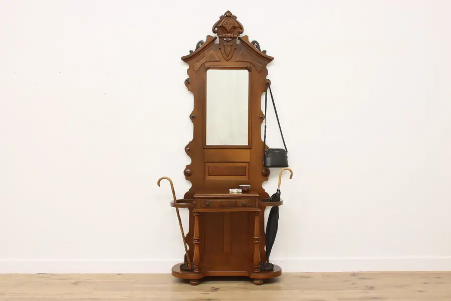 Photo of Victorian Antique Carved Walnut Hall Tree or Stand, Mirror