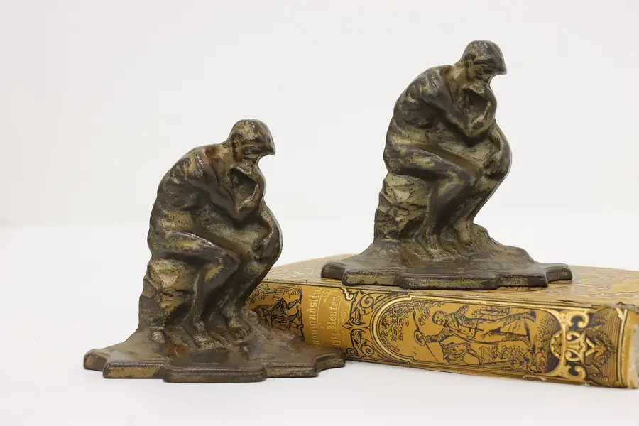 Photo of Pair of Antique Cast Iron The Thinker after Rodin Bookends
