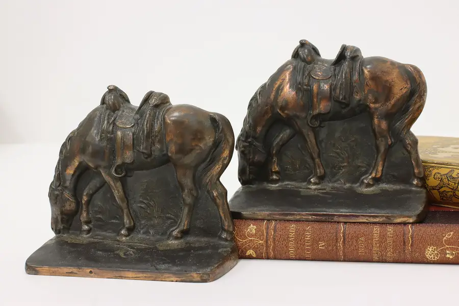 Photo of Pair Cast Iron Antique Grazing Horse Office Library Bookends
