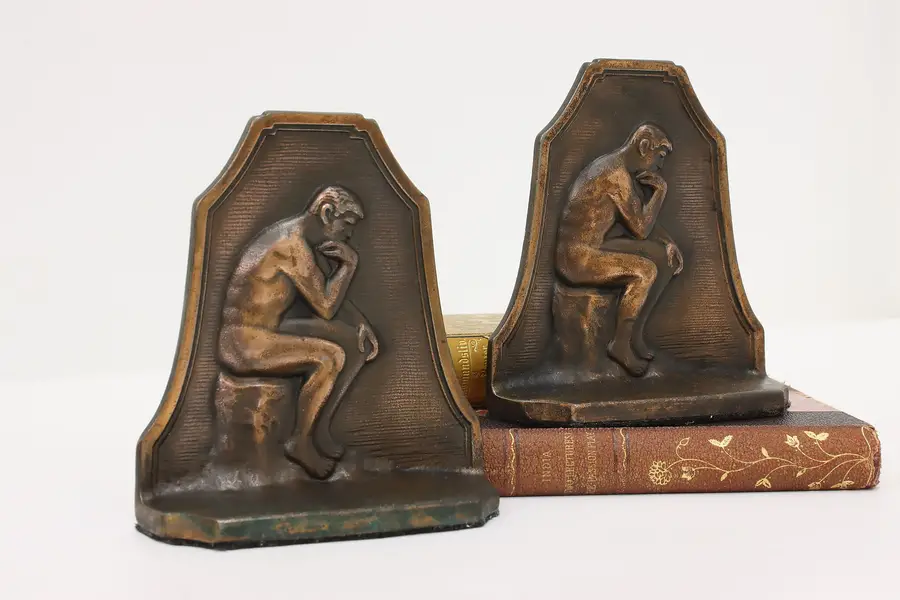 Photo of Pair of Cast Iron Antique Rodin The Thinker Bookends, CFC