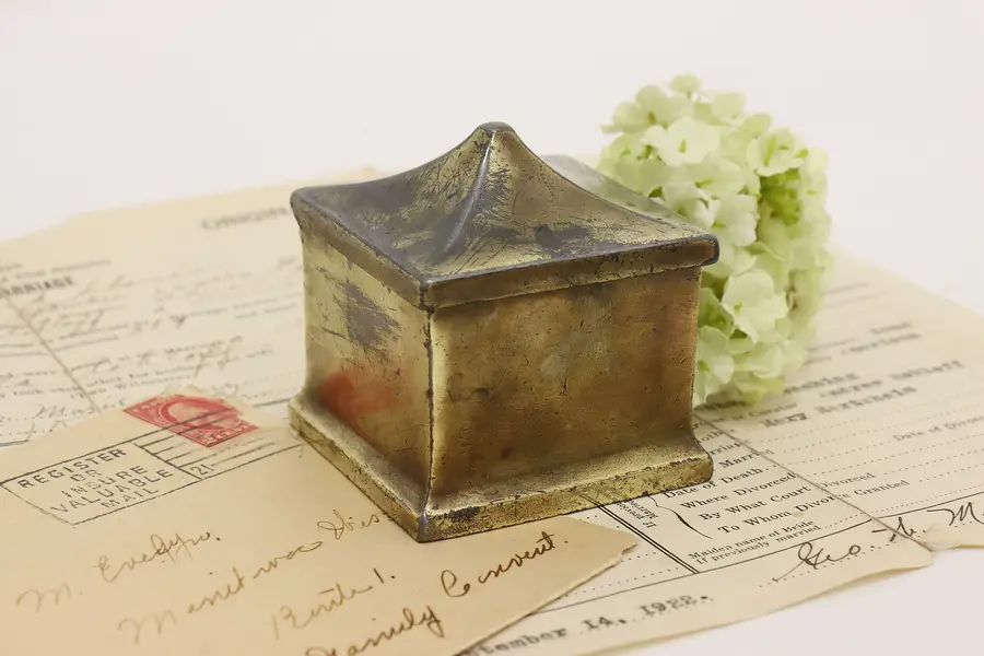 Photo of Traditional Antique Desktop Brass Finish & Glass Inkwell JB