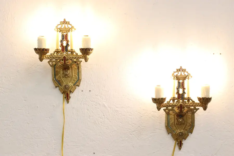 Photo of Pair of Art Deco Vintage Brass Entry Double Wall Sconces