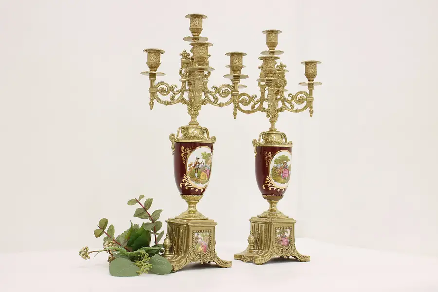 Photo of Pair of Italian Vintage Brass Five Arm Candelabra Couple