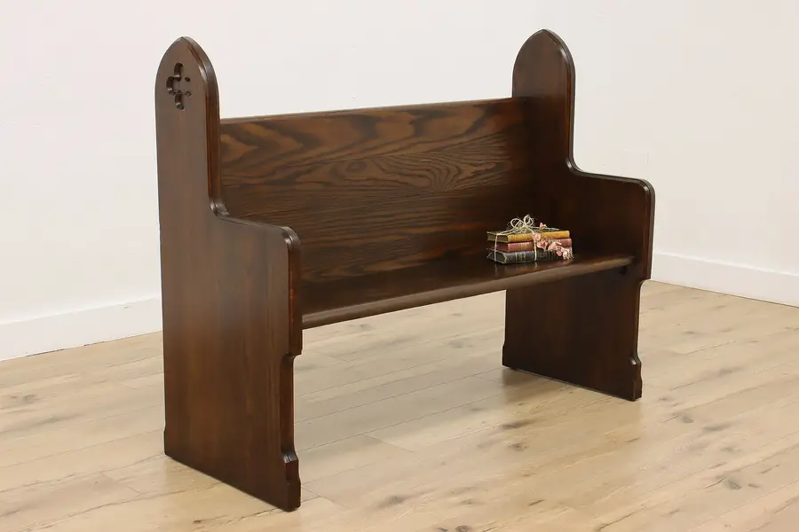 Photo of Gothic Design Antique Carved Oak & Elm Church Pew or Bench