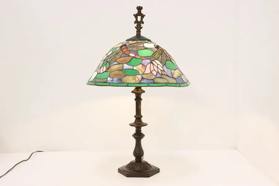 Photo of Art Nouveau Antique Dragonfly Stained Glass Shade Table Lamp