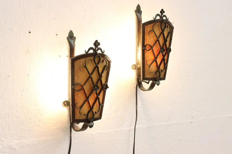 Photo of Pair of English Tudor Antique Iron Wall Sconce LIghts