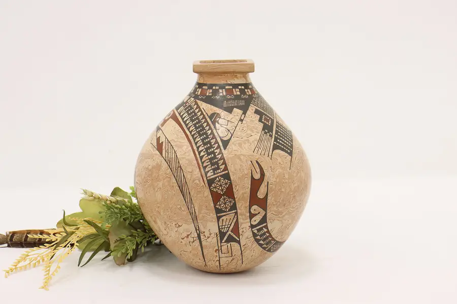 Photo of Indigenous Vintage Hand Painted Pottery Vase Snakes Signed