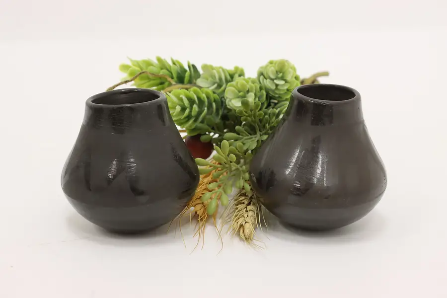Photo of Pair Mexican Vintage Blackware Pottery Miniature Vases AIG