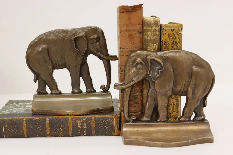 Photo of Pair of Antique Bronze Elephant Library or Office Bookends