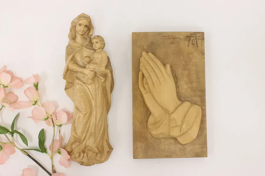 Photo of Carved Vintage Madonna & Durer Praying Hands Sculptures
