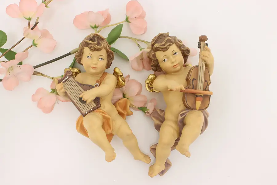Photo of Pair of Italian Vintage Gold Leaf Painted Cherub Sculptures