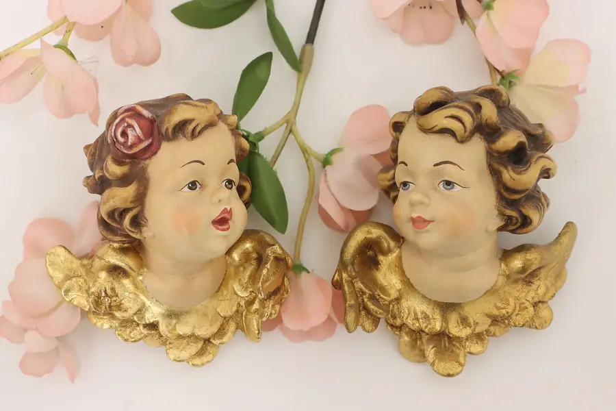 Photo of Pair of Italian Vintage Painted Gold Leaf Cherub Figures