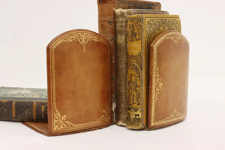 Photo of Pair of Italian Vintage Gold Tooled Leather Bookends S. Luti