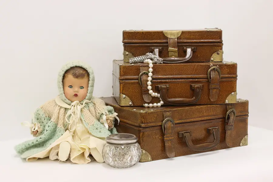 Photo of Set of 3 Vintage Faux Leather Miniature Nesting Suitcases