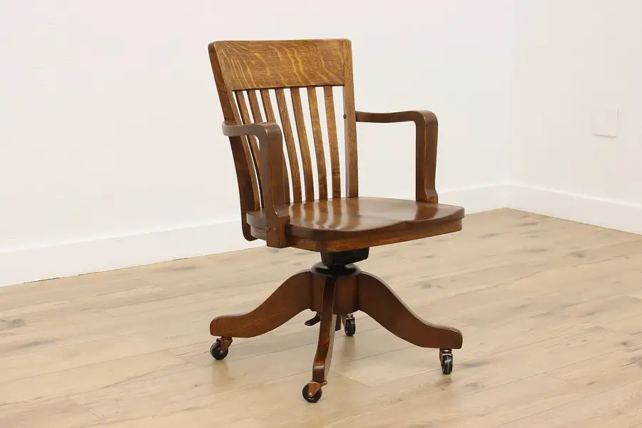Photo of Adjustable Antique Swivel Oak Office Desk Chair, Crocker