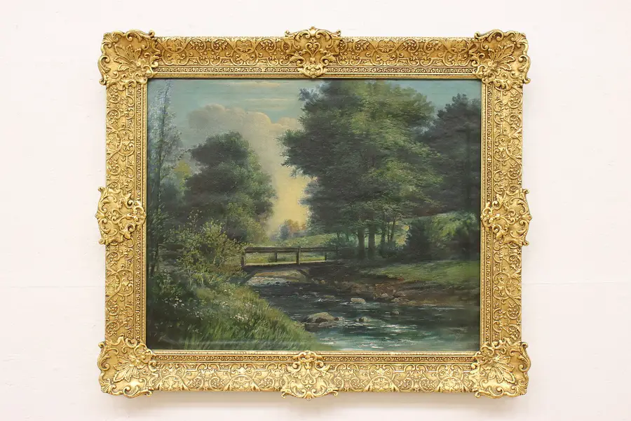 Photo of Countryside Summer Creek Antique Original Oil Painting 39"
