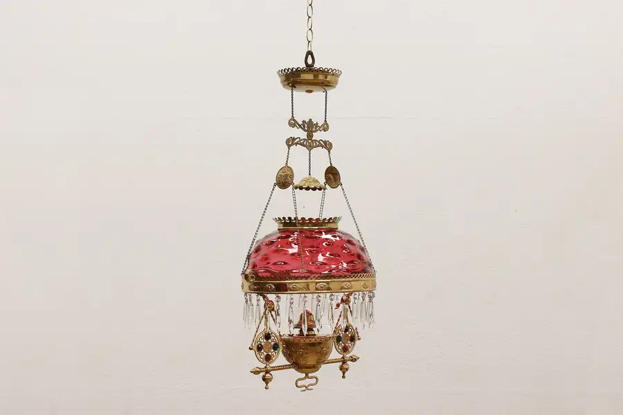 Photo of Victorian Antique Brass Cranberry Glass Shade Oil Chandelier
