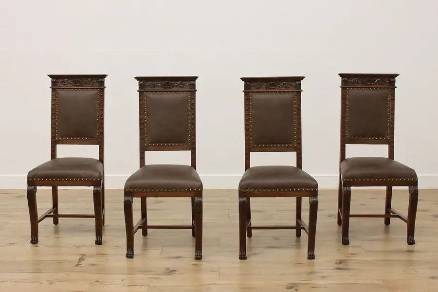 Photo of Set of 4 Italian Renaissance Antique Walnut & Leather Chairs