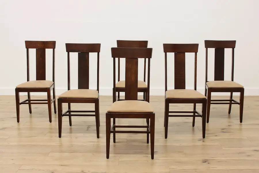 Photo of Set of 6 Craftsman Oak Antique Dining Chairs, New Leather