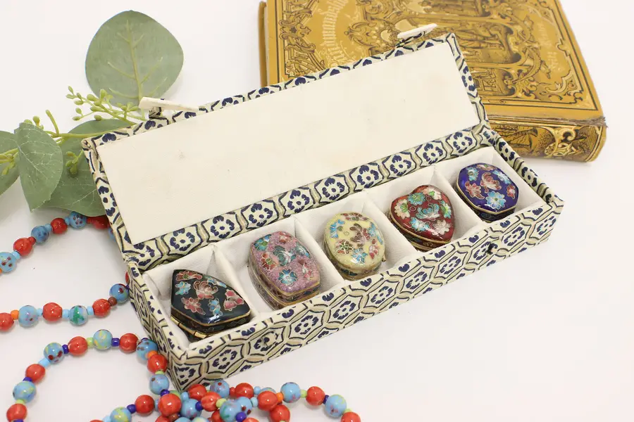 Photo of Set of 5 Asian Vintage Cloisonne Snuff or Trinket Boxes Case