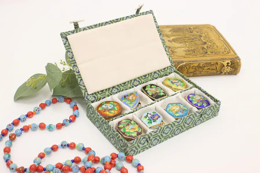 Photo of Set of 8 Chinese Vintage Cloisonne Snuff Boxes & Case