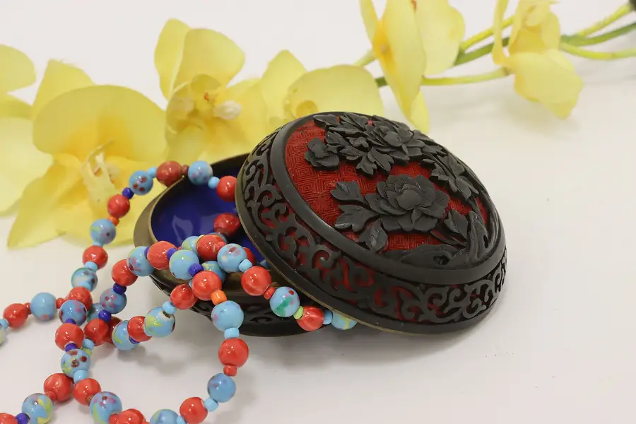 Photo of Asian Vintage Carved Cinnabar & Black Lacquer Jewelry Box
