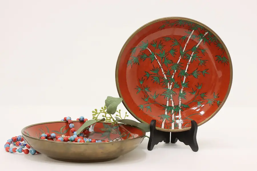 Photo of Pair of Japanese Vintage Brass & Painted Porcelain Bowls ACF