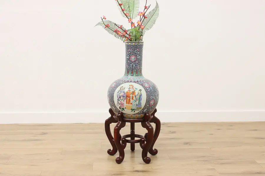 Photo of Chinese Vintage Painted Porcelain Vase & Stand 49"