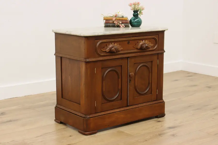 Photo of Victorian Antique Carved Walnut & Marble Nightstand Chest