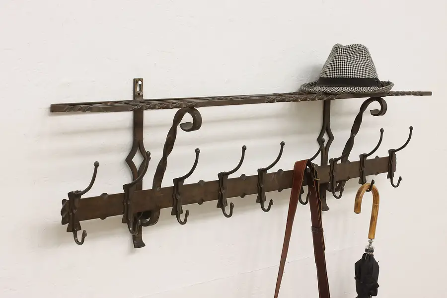 Photo of Gothic Design Antique Wrought Iron Coat Hat Rack & Shelf 51"